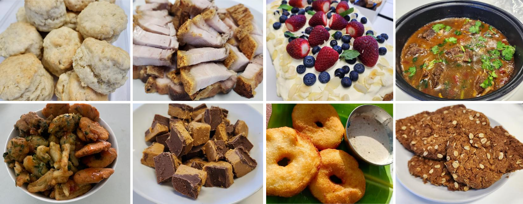 1 large image combining 8 smaller squares. Within each square there is close up image of an entry into the Agri Cooking Competition. From left to right, the food pictured are: Fresh Plain Scones, Crispy Pork Belly, Estonian Biscuit Cake, Beef Hot Pot. On the second row, from left to right: Tasty Fried Fiji-Indo bites, Peanut Butter Slice, South Indian Medu Vada and Crunchy Anzac biscuits.
